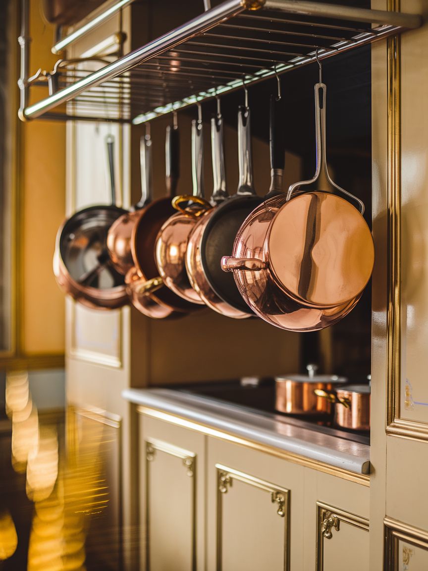 Polished copper pots in a professional French kitchen