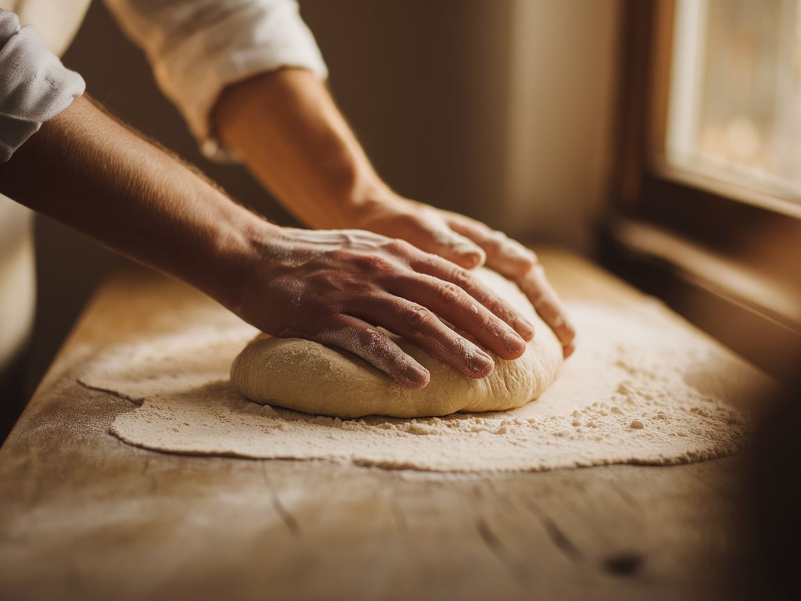 Flour-dusted hands kneading artisan bread dough