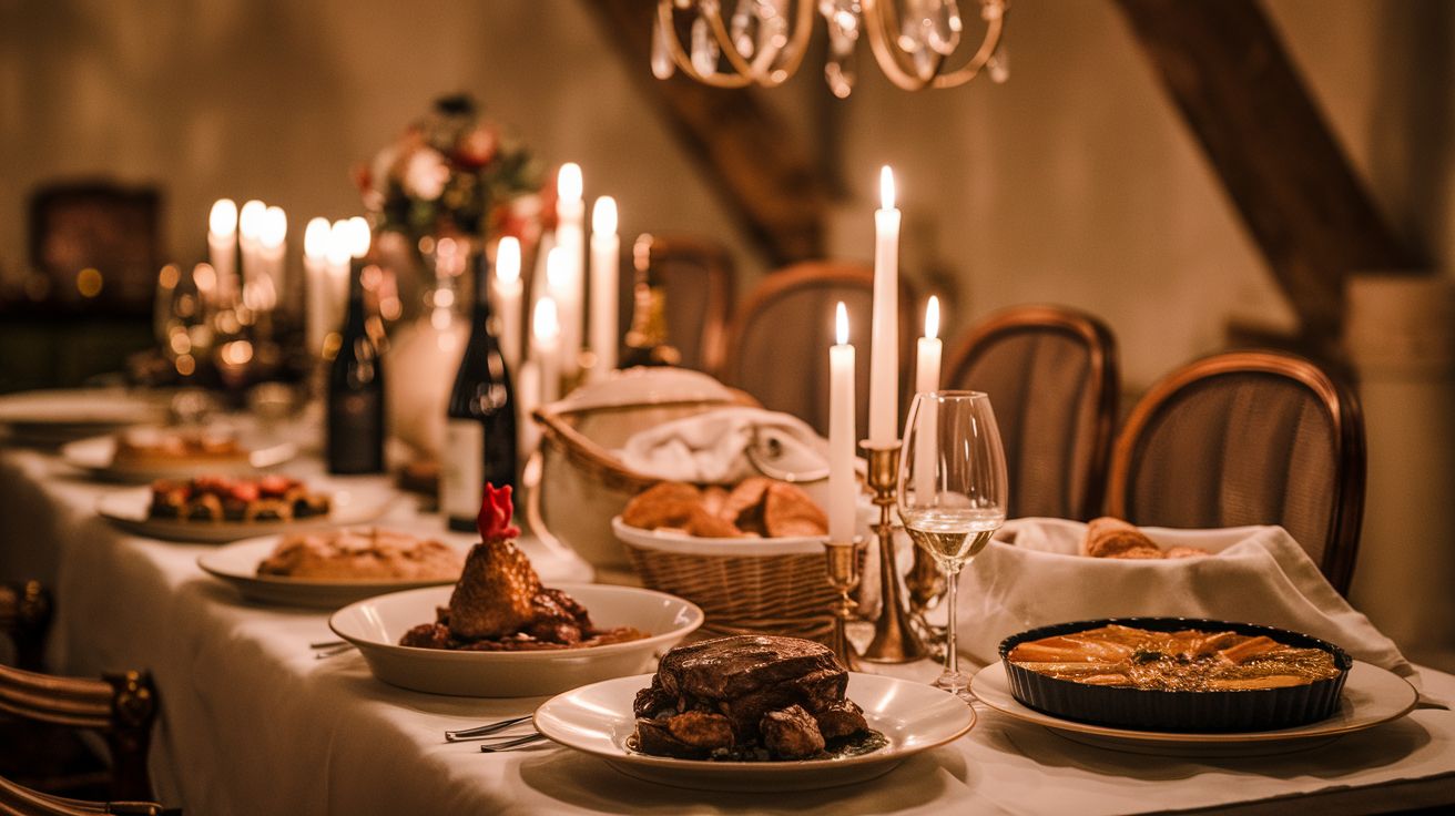 Candlelit family dinner table with French cuisine