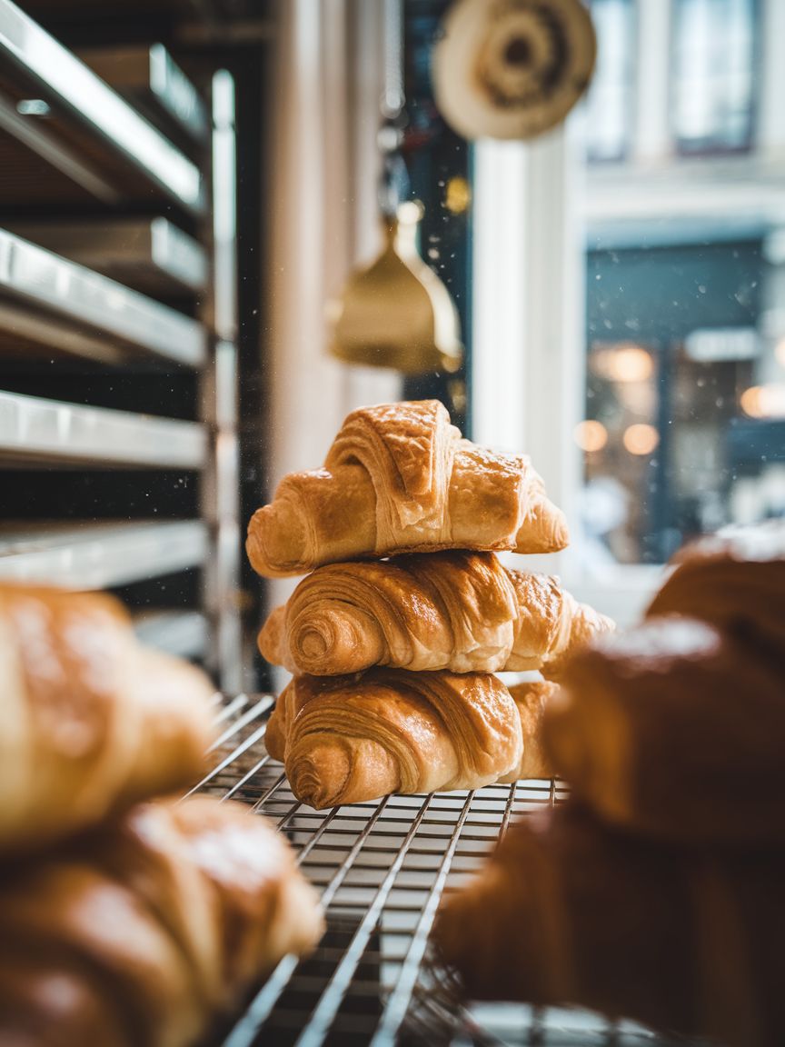 Fresh baked croissants and pastries in a Parisian boulangerie