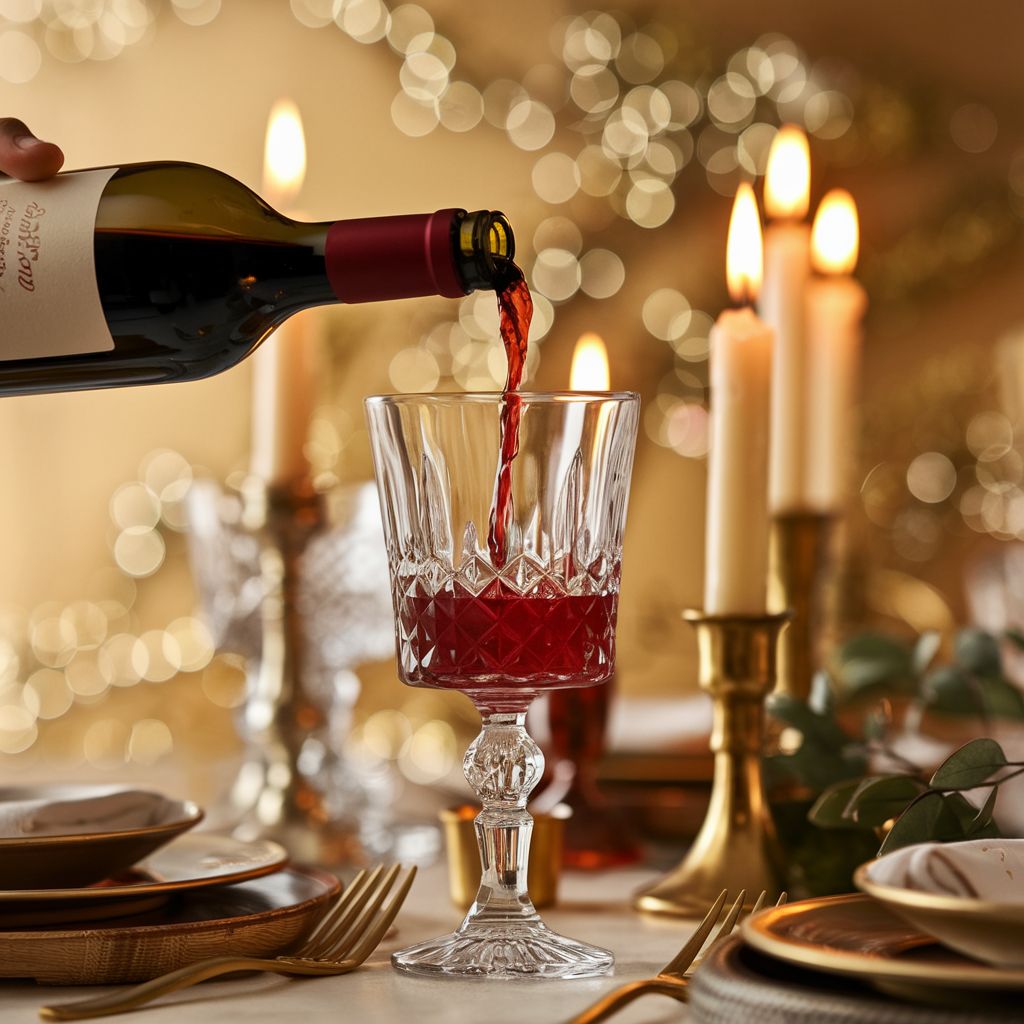 Red wine being poured at a candlelit dinner